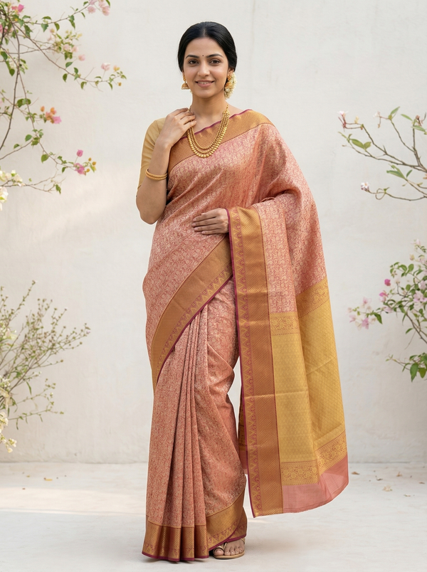 Champagne Gold Dharmavaram Inspired Semi Silk Saree with Medium Medium Contrast Border