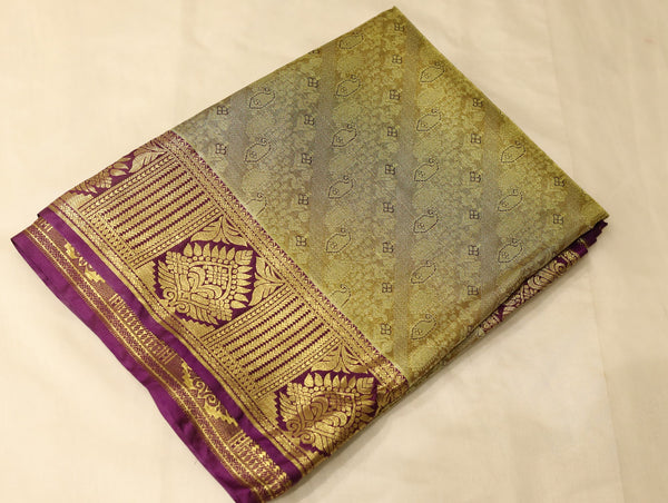 Champagne Gold Kanchipuram Inspired Semi Silk Saree with Wide Medium Contrast Border