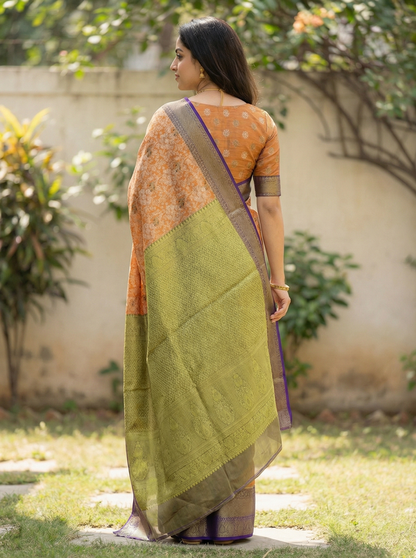 Burnt Orange Dharmavaram Inspired Semi Silk Saree with Wide Wide Contrast Border