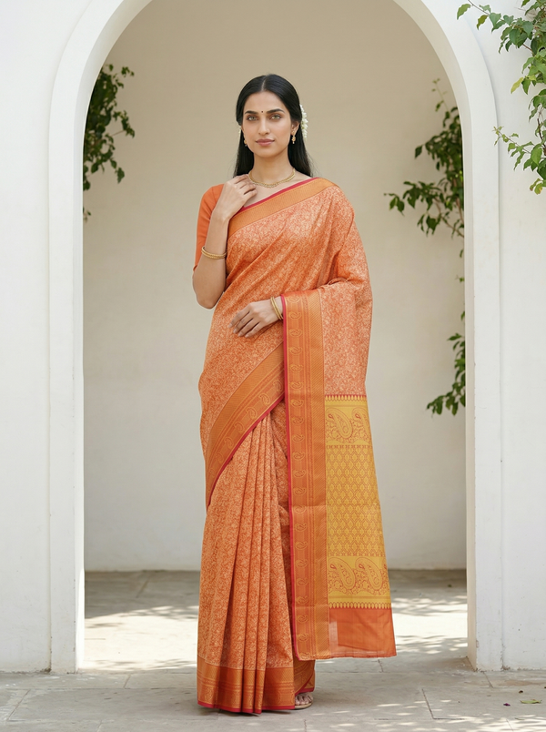 Burnt Orange Kanchipuram Inspired Semi Silk Saree with Medium Medium Contrast Border