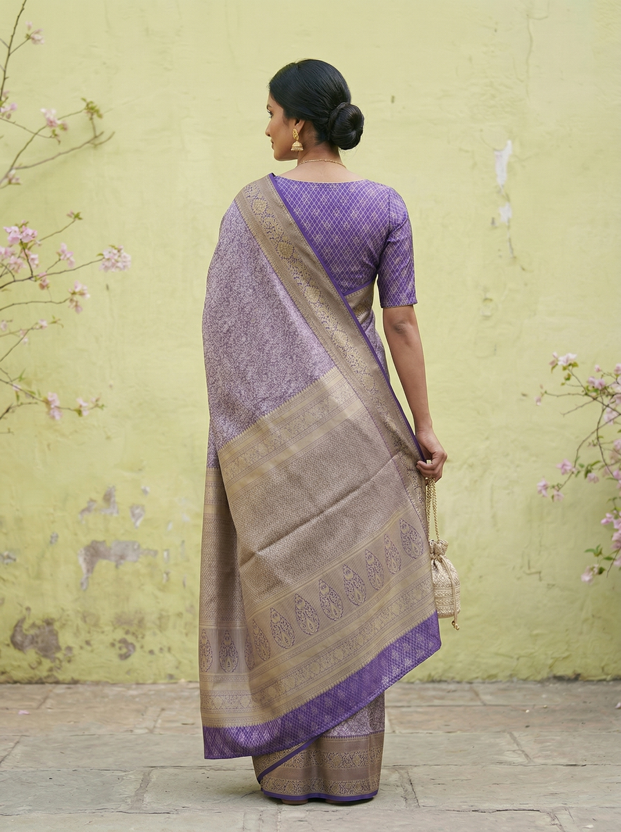 Lavender Mist Gadwal Inspired Semi Silk Saree with Wide Wide Contrast Border