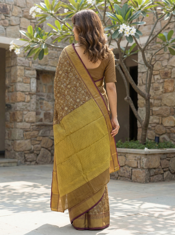 Antique Bronze Dharmavaram Inspired Semi Silk Saree with Medium Medium Contrast Border