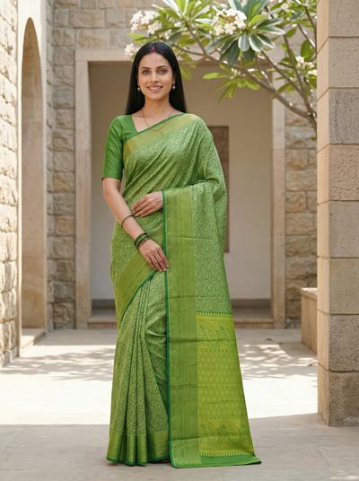Fern Green Mysore Inspired Semi Silk Saree with Wide Wide Self Border