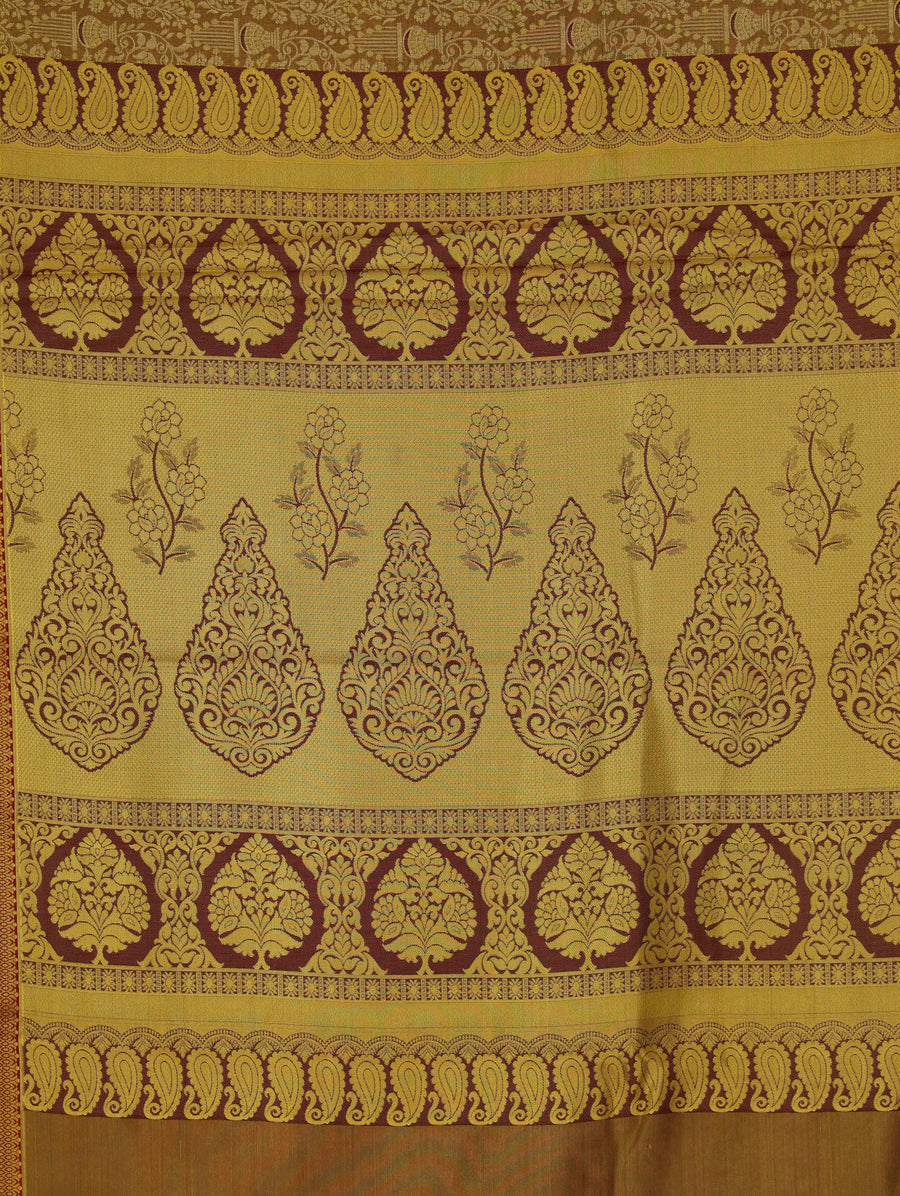 Champagne Gold Kanchipuram Inspired Semi Silk Saree with Wide Wide Contrast Border