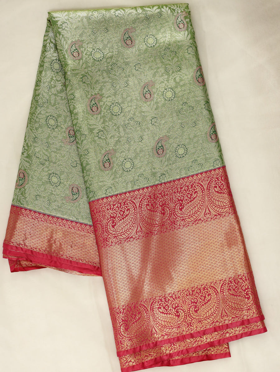 Sage Green Kanchipuram Inspired Semi Silk Saree with Wide Wide Contrast Border