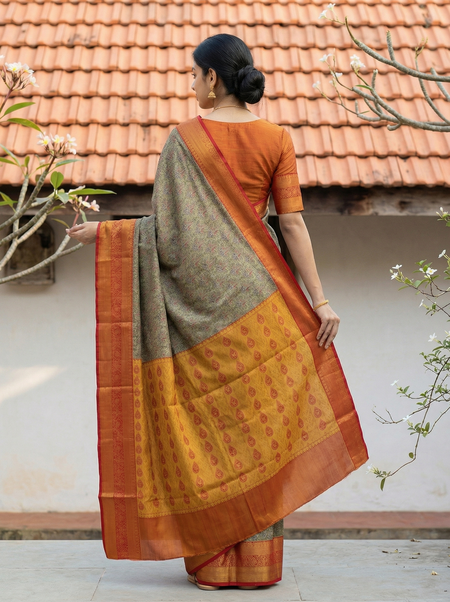 Olive Green Dharmavaram Inspired Semi Silk Saree with Wide Wide Contrast Border