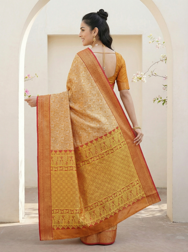 Sunset Gold Dharmavaram Inspired Semi Silk Saree with Wide Wide Contrast Border