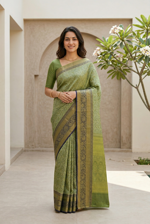 Olive Green Uppada Inspired Semi Silk Saree with Medium Medium Contrast Border