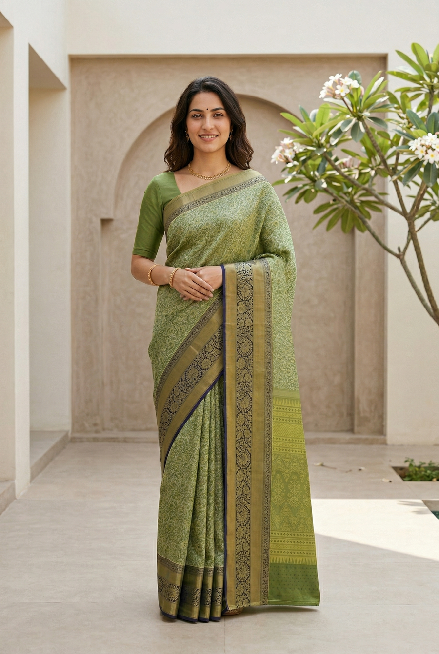 Olive Green Uppada Inspired Semi Silk Saree with Medium Medium Contrast Border
