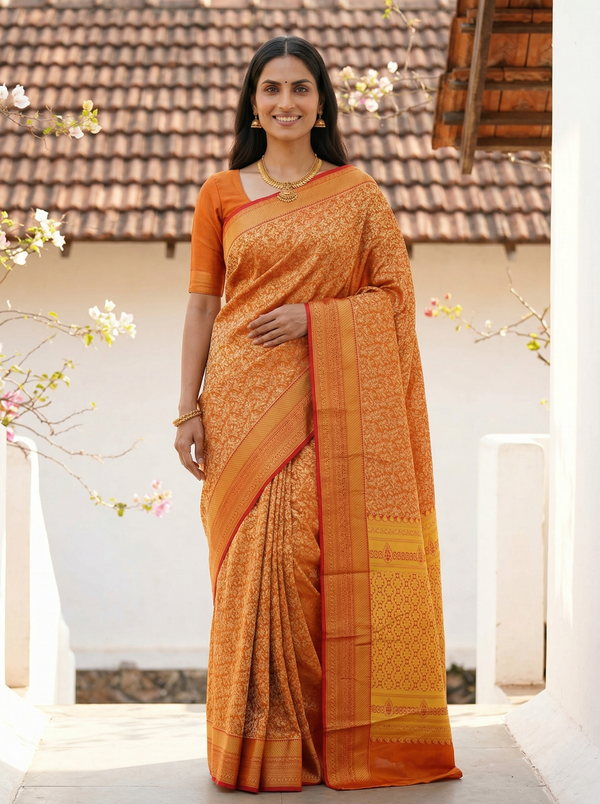 Burnt Orange Mysore Inspired Semi Silk Saree with Medium Medium Contrast Border