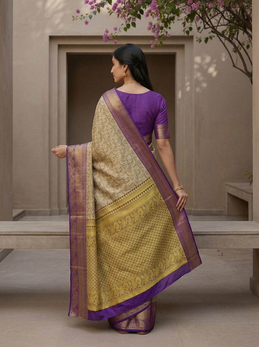Champagne Gold Kanchipuram Inspired Semi Silk Saree with Wide Wide Contrast Border
