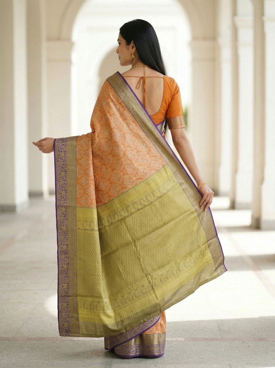 Burnt Orange Dharmavaram Inspired Semi Silk Saree with Narrow Narrow Contrast Border