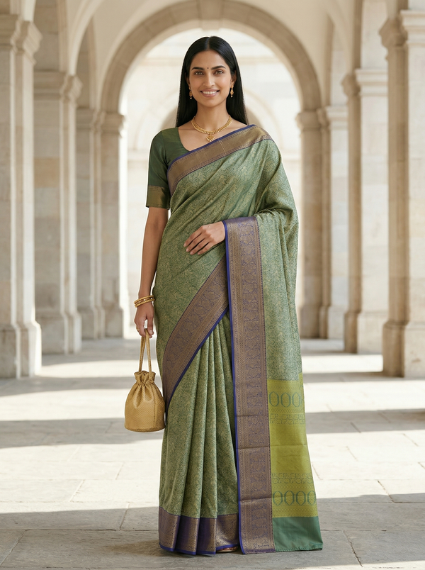 Sage Green Kanchipuram Inspired Semi Silk Saree with Medium Medium Contrast Border