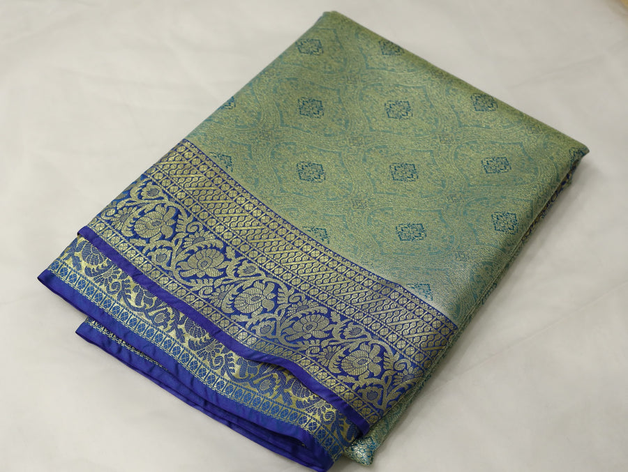 Sage Green Kanchipuram Inspired Semi Silk Saree with Wide Wide Contrast Border
