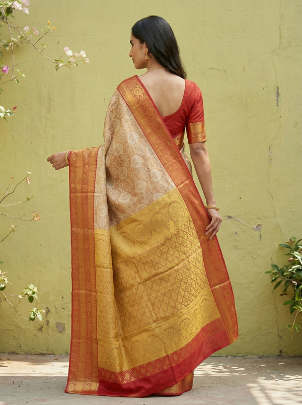 Champagne Gold Kanchipuram Inspired Semi Silk Saree with Wide Wide Contrast Border