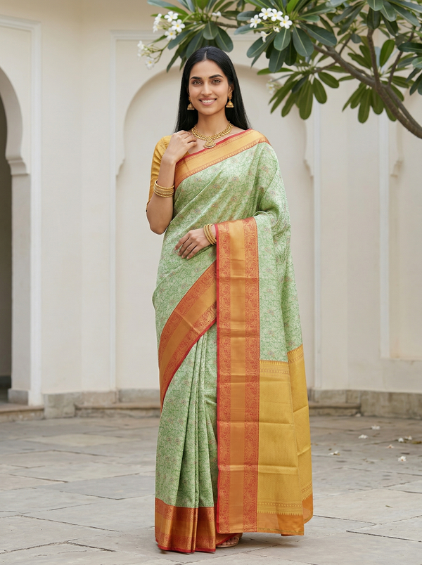 Sage Green Kanchipuram Inspired Semi Silk Saree with Wide Wide Contrast Border