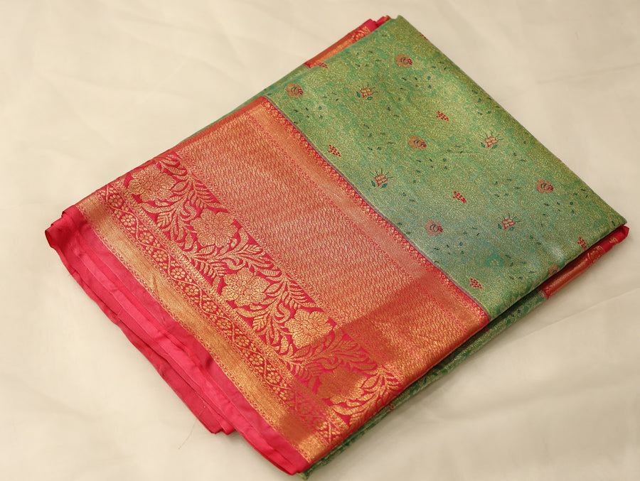Sage Green Kanchipuram Inspired Semi Silk Saree with Wide Wide Contrast Border