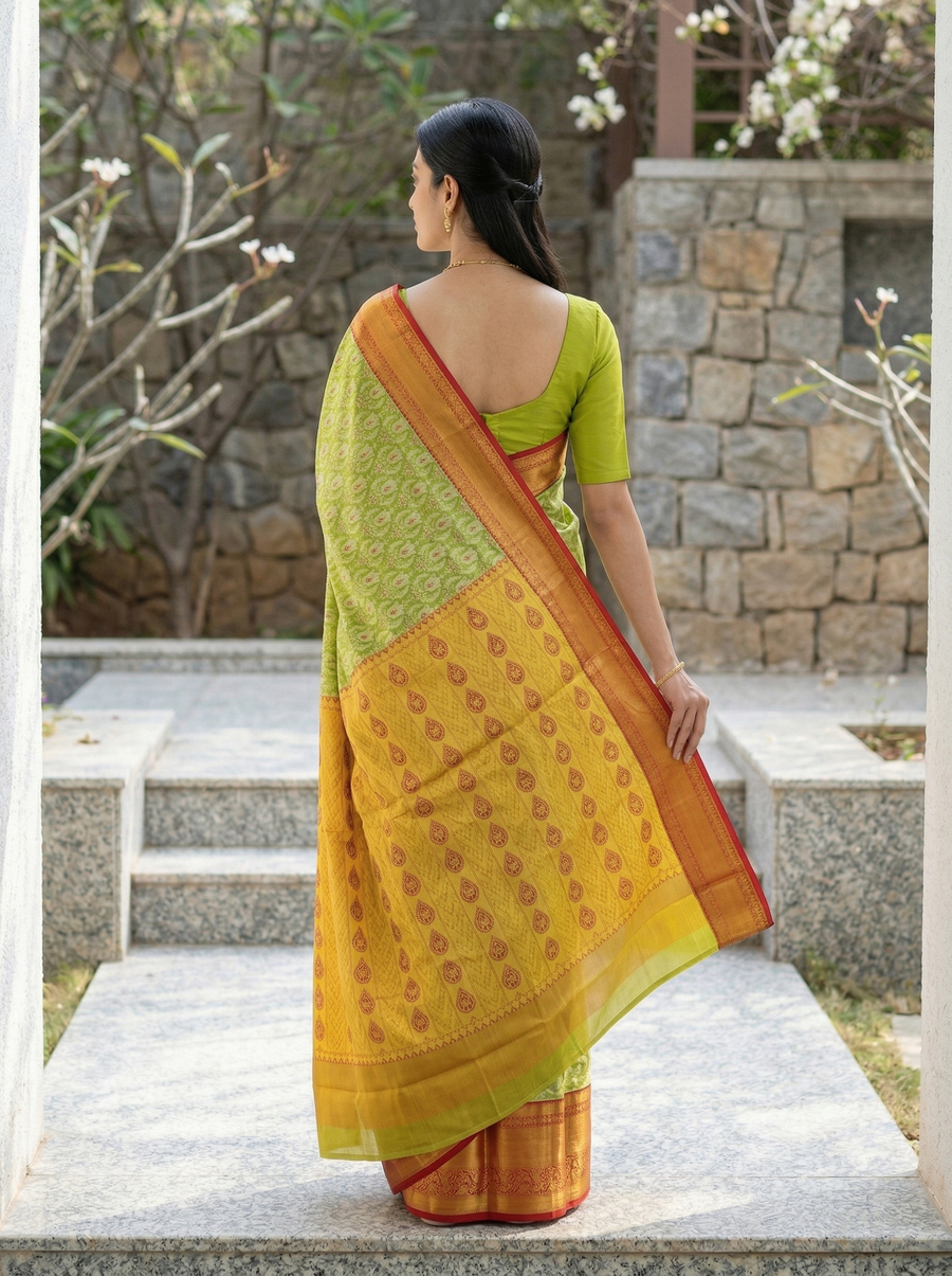 Lime Green Kanchipuram Inspired Semi Silk Saree with Medium Medium Contrast Border