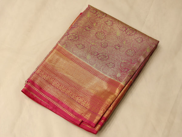 Champagne Gold Kanchipuram Inspired Semi Silk Saree with Medium Medium Contrast Border