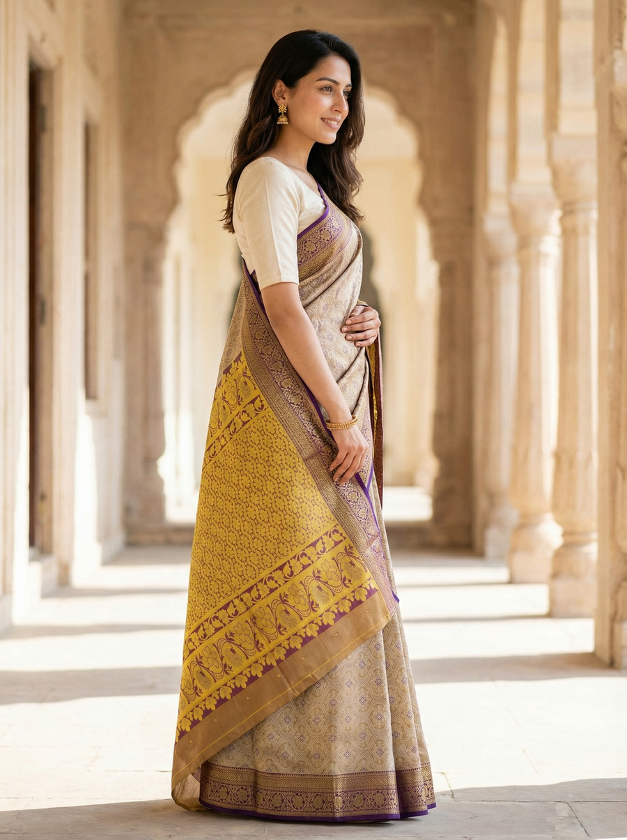 Champagne Gold Dharmavaram Inspired Semi Silk Saree with Medium Medium Contrast Border