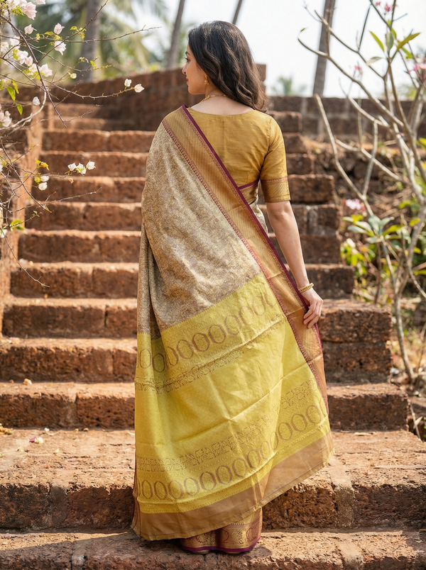 Olive Green Dharmavaram Inspired Semi Silk Saree with Medium Medium Contrast Border