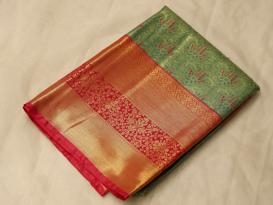 Olive Green Dharmavaram Inspired Semi Silk Saree with Wide Wide Contrast Border