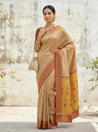 Earthy Brown Kanchipuram Inspired Semi Silk Saree with Medium Medium Contrast Border