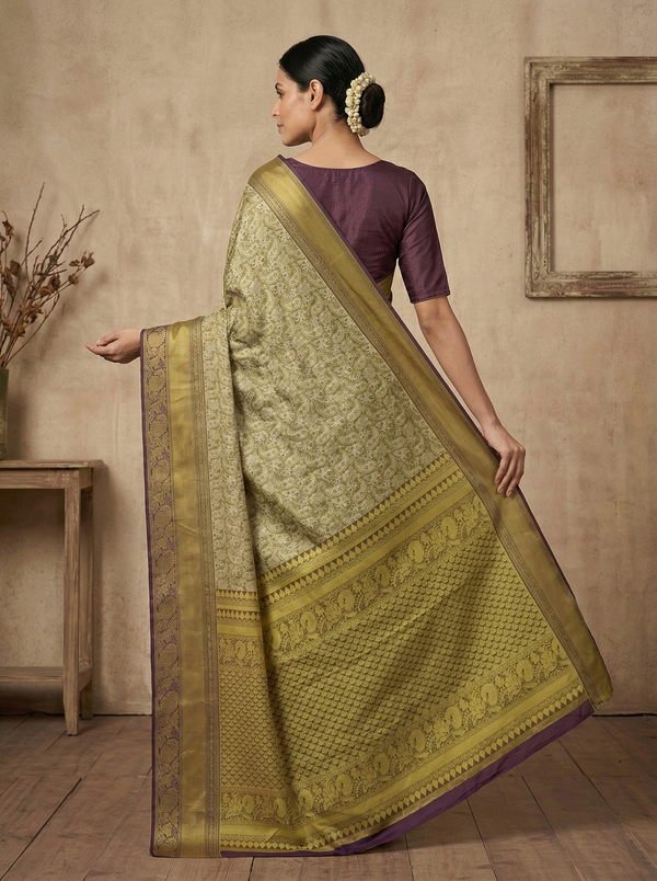 Champagne Gold Kanchipuram Inspired Semi Silk Saree with Medium Medium Contrast Border