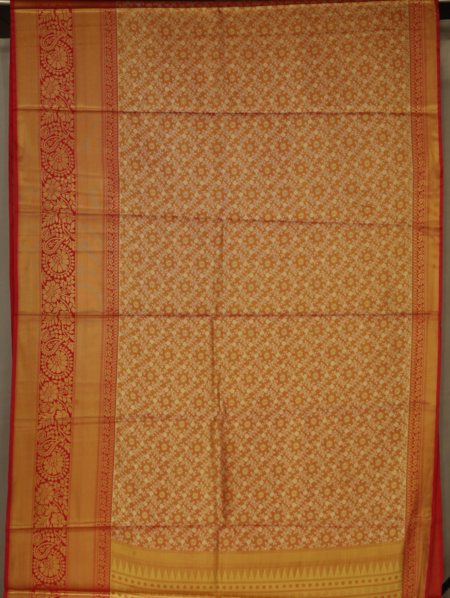 Burnt Orange Kanchipuram Inspired Semi Silk Saree with Medium Medium Contrast Border