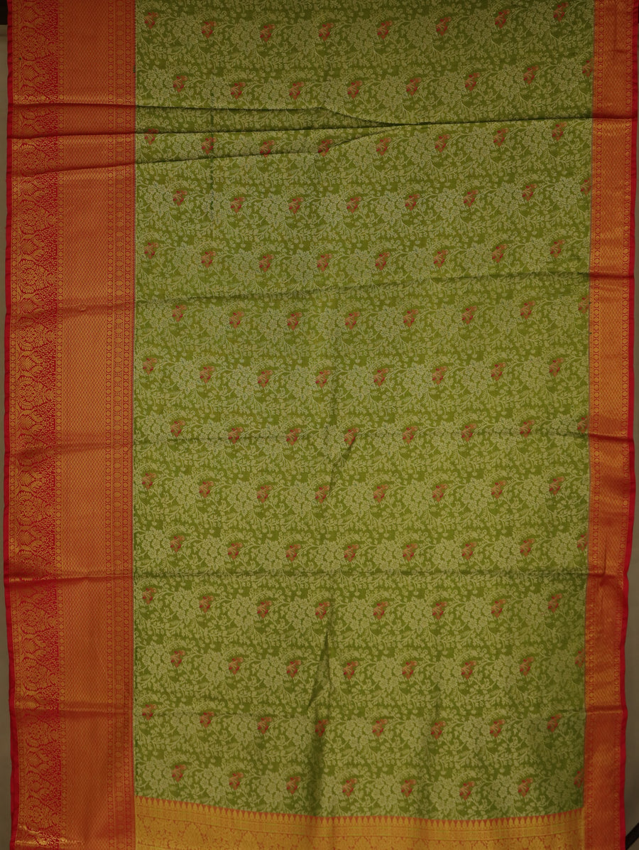 Sage Green Kanchipuram Inspired Semi Silk Saree with Wide Wide Contrast Border