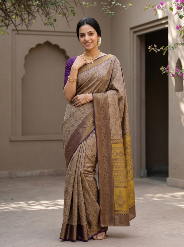 Champagne Gold Dharmavaram Inspired Semi Silk Saree with Wide Wide Contrast Border