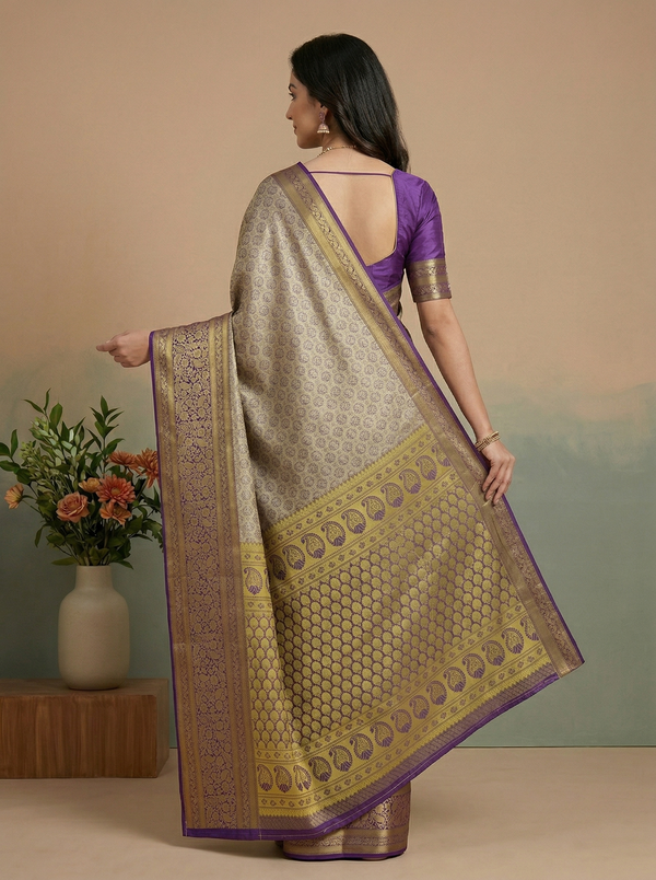 Champagne Gold Dharmavaram Inspired Semi Silk Saree with Wide Wide Contrast Border