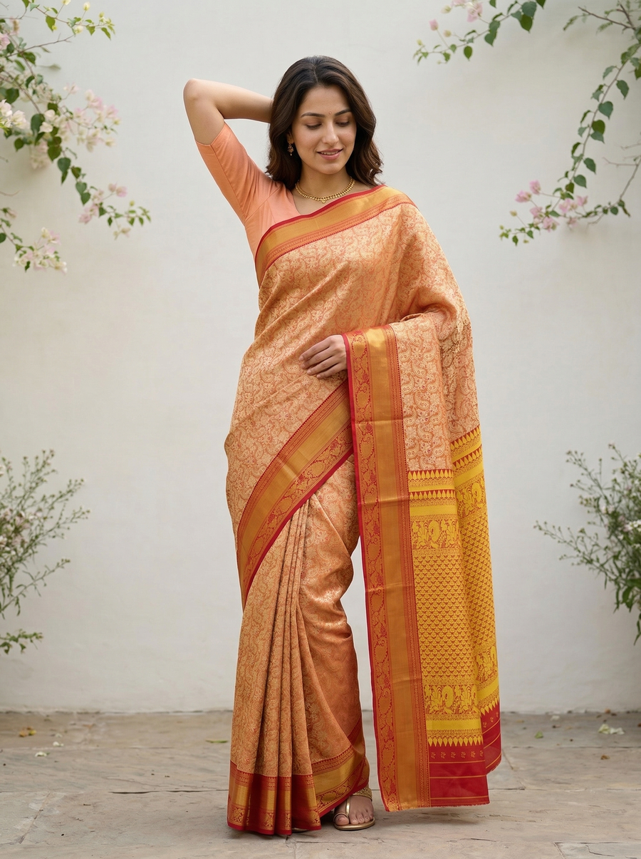 Champagne Gold Dharmavaram Inspired Semi Silk Saree with Wide Wide Contrast Border