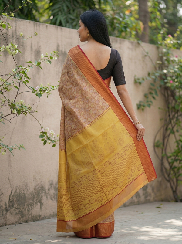 Burnt Orange Dharmavaram Inspired Semi Silk Saree with Wide Wide Contrast Border