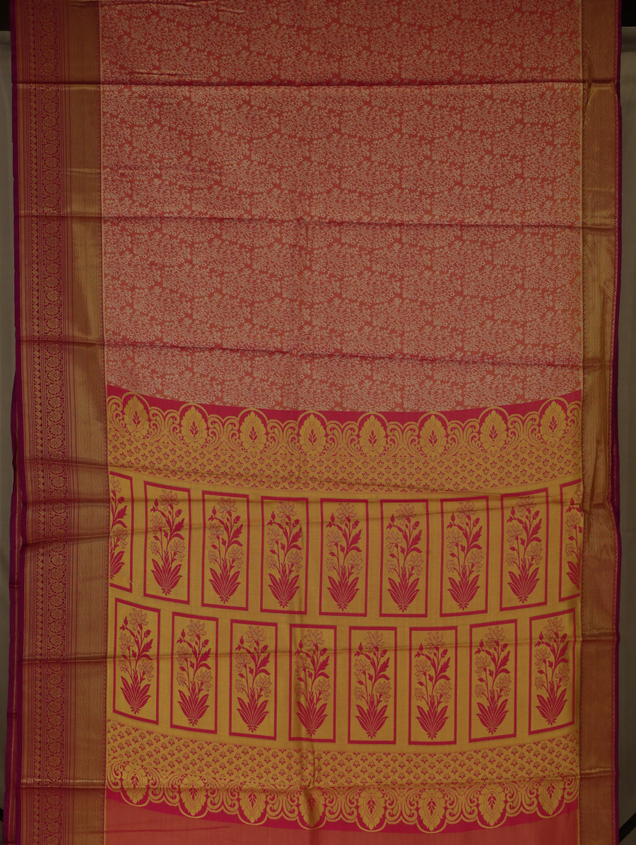 Coral Peach Kanchipuram Inspired Semi Silk Saree with Wide Wide Contrast Border