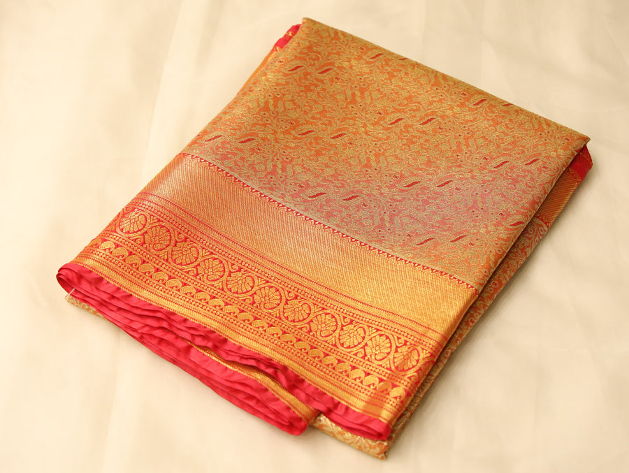 Sunset Orange Dharmavaram Inspired Semi Silk Saree with Wide Wide Contrast Border