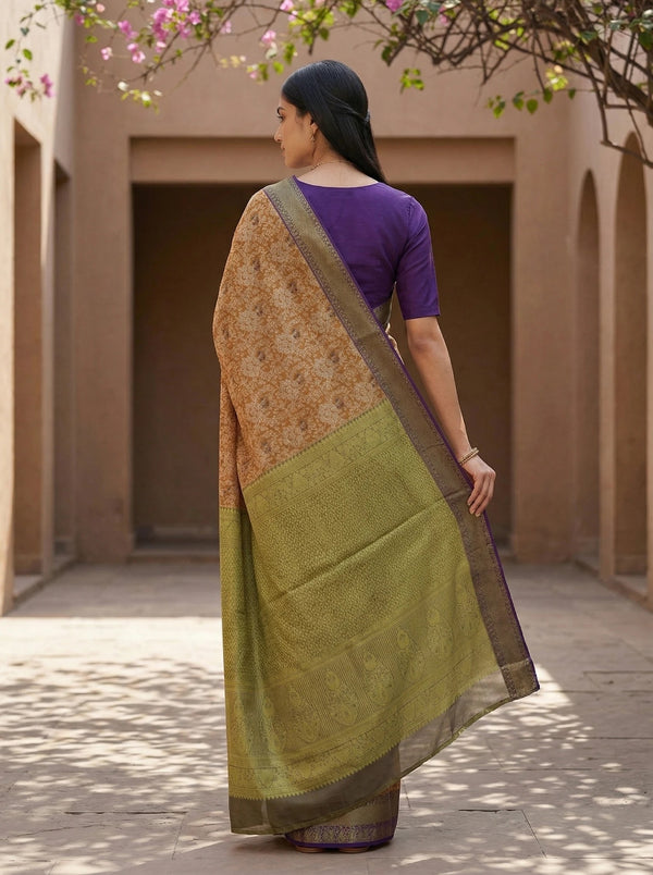 Olive Green Kanchipuram Inspired Semi Silk Saree with Medium Medium Contrast Border