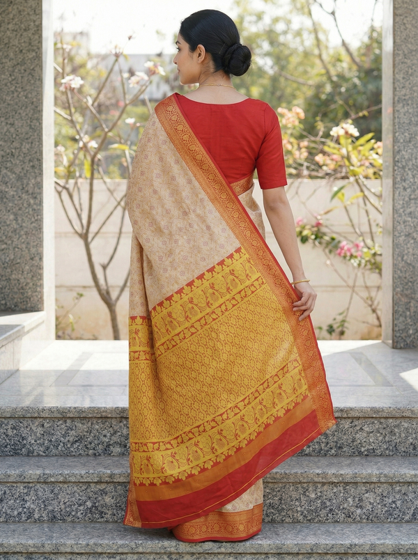Champagne Gold Dharmavaram Inspired Semi Silk Saree with Wide Wide Contrast Border