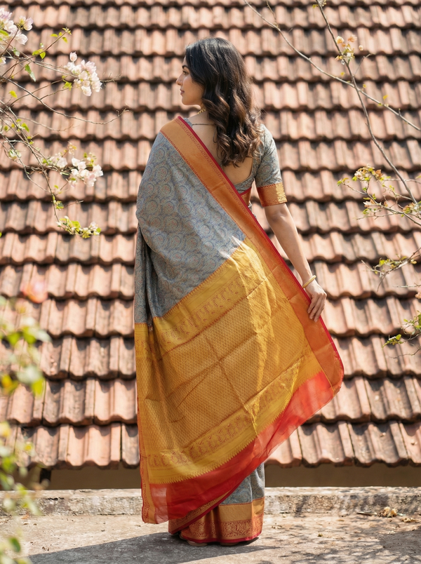 Steel Gray Kanchipuram Inspired Semi Silk Saree with Medium Medium Contrast Border