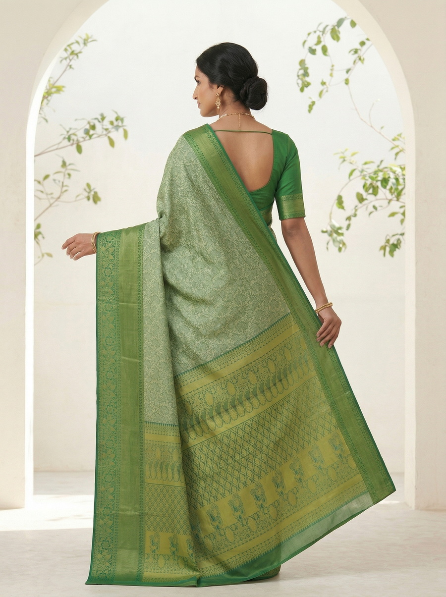 Sage Green Uppada Inspired Semi Silk Saree with Wide Wide Contrast Border