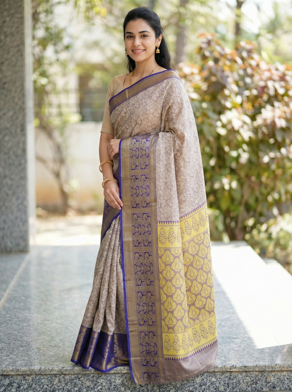 Champagne Gold Dharmavaram Inspired Semi Silk Saree with Wide Wide Contrast Border