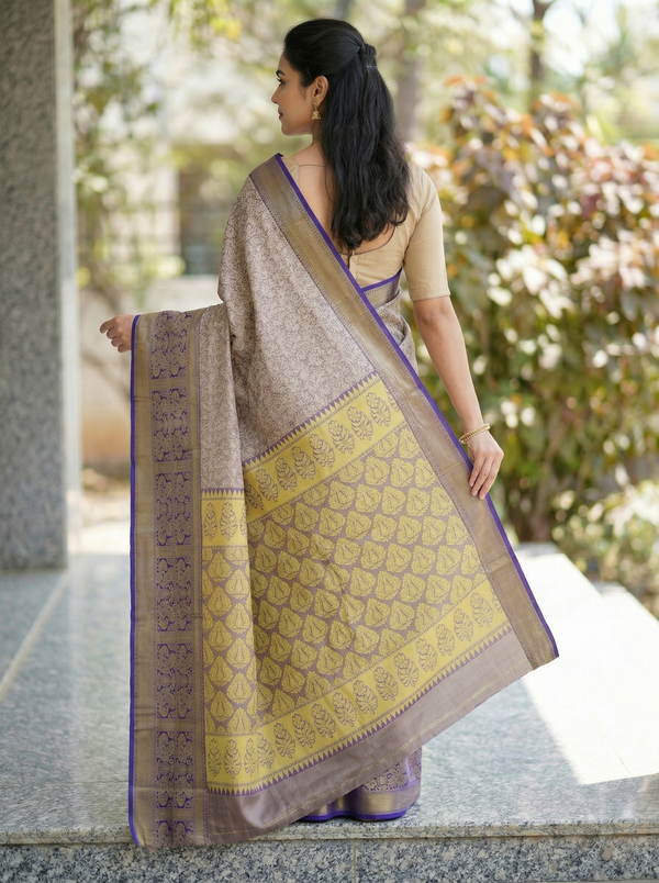 Champagne Gold Dharmavaram Inspired Semi Silk Saree with Wide Wide Contrast Border