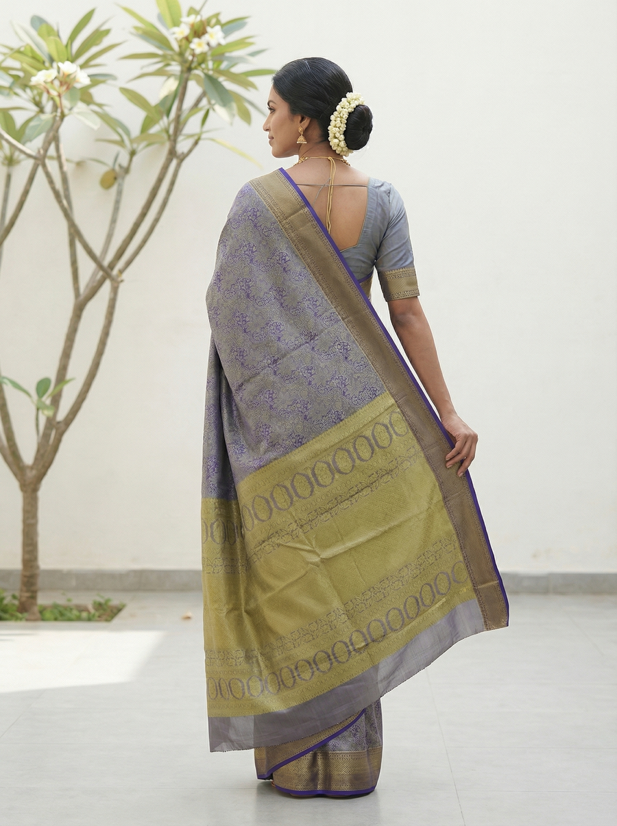 Lilac Frost Kanchipuram Inspired Semi Silk Saree with Wide Wide Contrast Border
