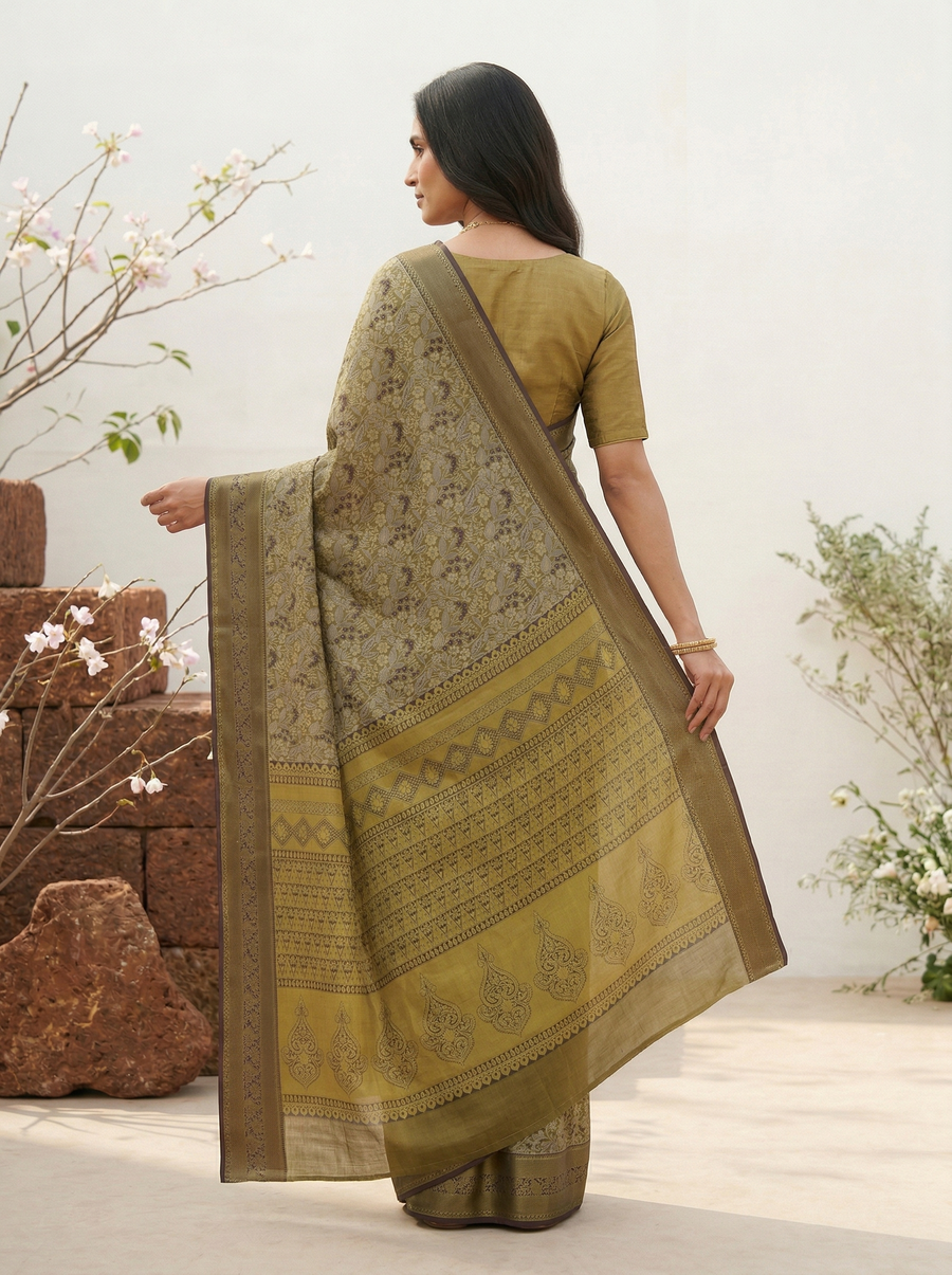 Moss Olive Dharmavaram Inspired Semi Silk Saree with Wide Wide Contrast Border