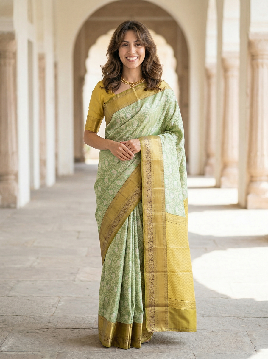 Sage Green Kanchipuram Inspired Semi Silk Saree with Medium Medium Contrast Border