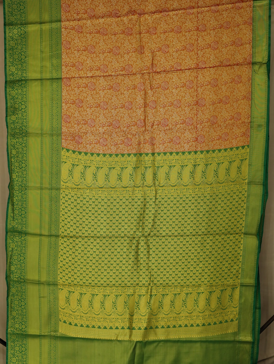 Pistachio Green Kanchipuram Inspired Semi Silk Saree with Wide Wide Contrast Border
