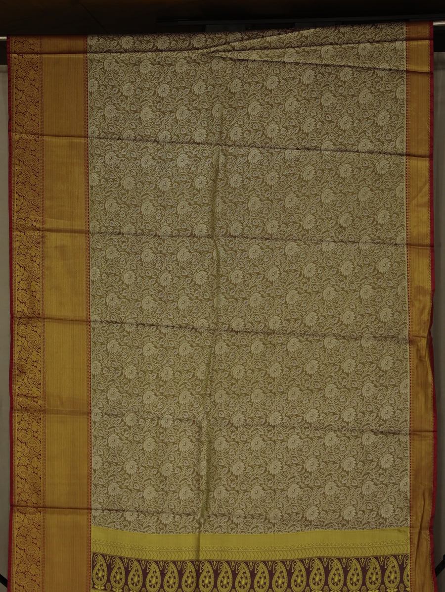 Champagne Gold Kanchipuram Inspired Semi Silk Saree with Wide Wide Contrast Border