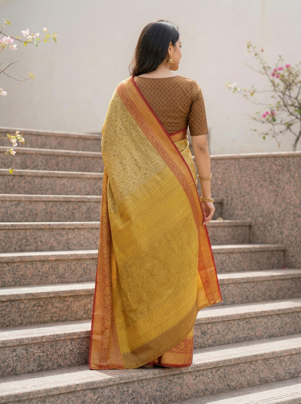 Champagne Gold Dharmavaram Inspired Semi Silk Saree with Wide Wide Contrast Border