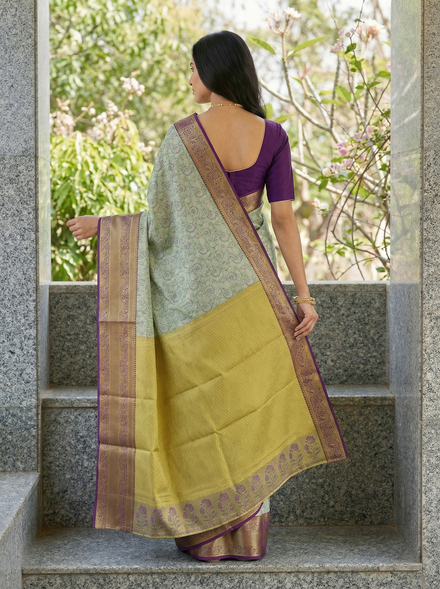 Sunlit Olive Kanchipuram Inspired Semi Silk Saree with Wide Wide Contrast Border