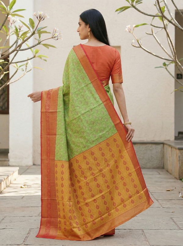 Sage Green Kanchipuram Inspired Semi Silk Saree with Wide Wide Contrast Border